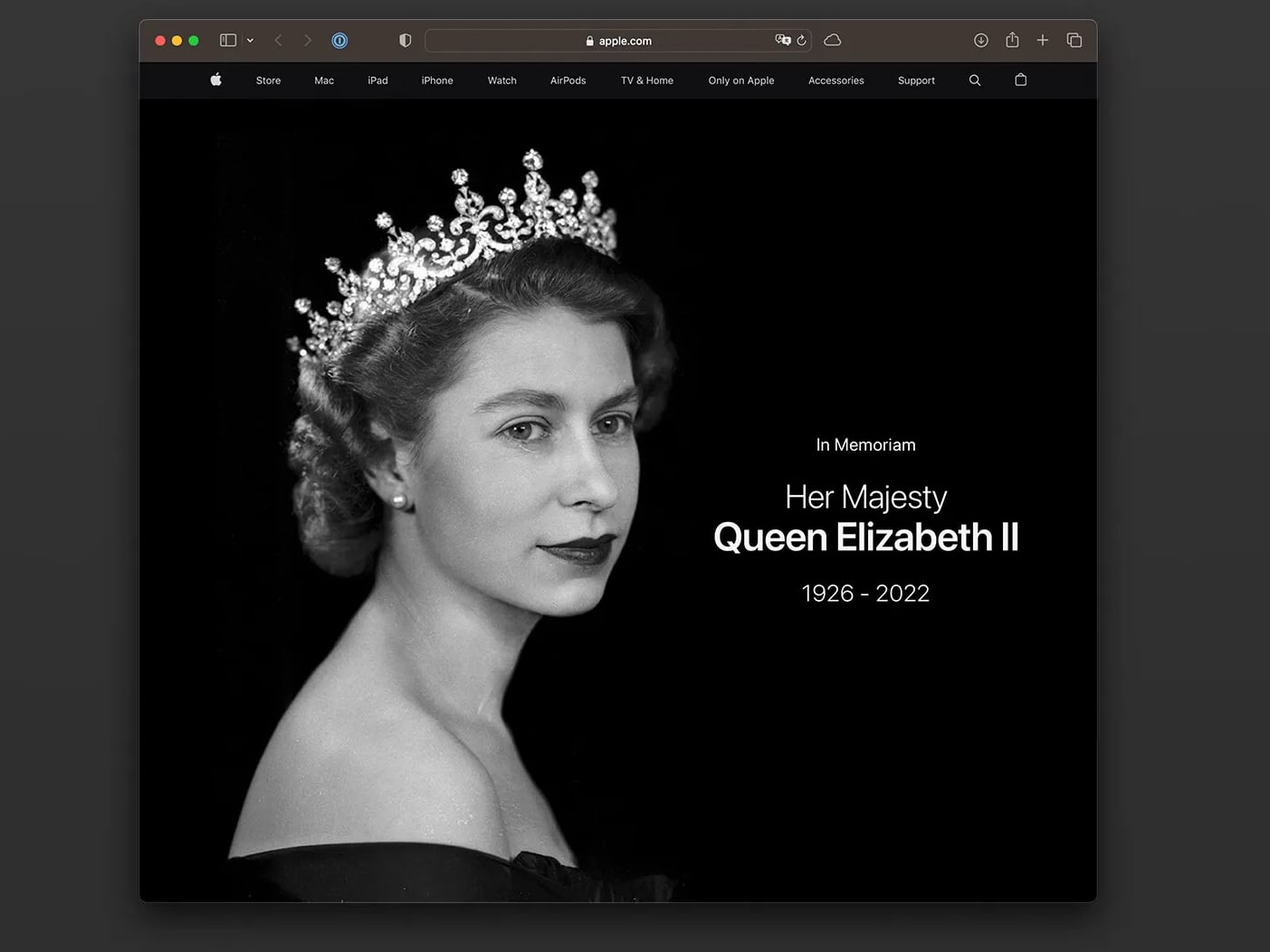 Apple змінила головну сторінку свого сайту на згадку про королеву Єлизавету II