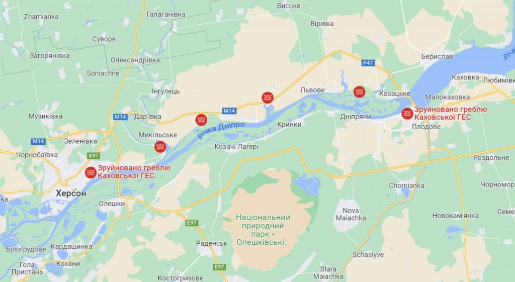 У Google Maps з'явилися позначення руйнувань Каховської ГЕС